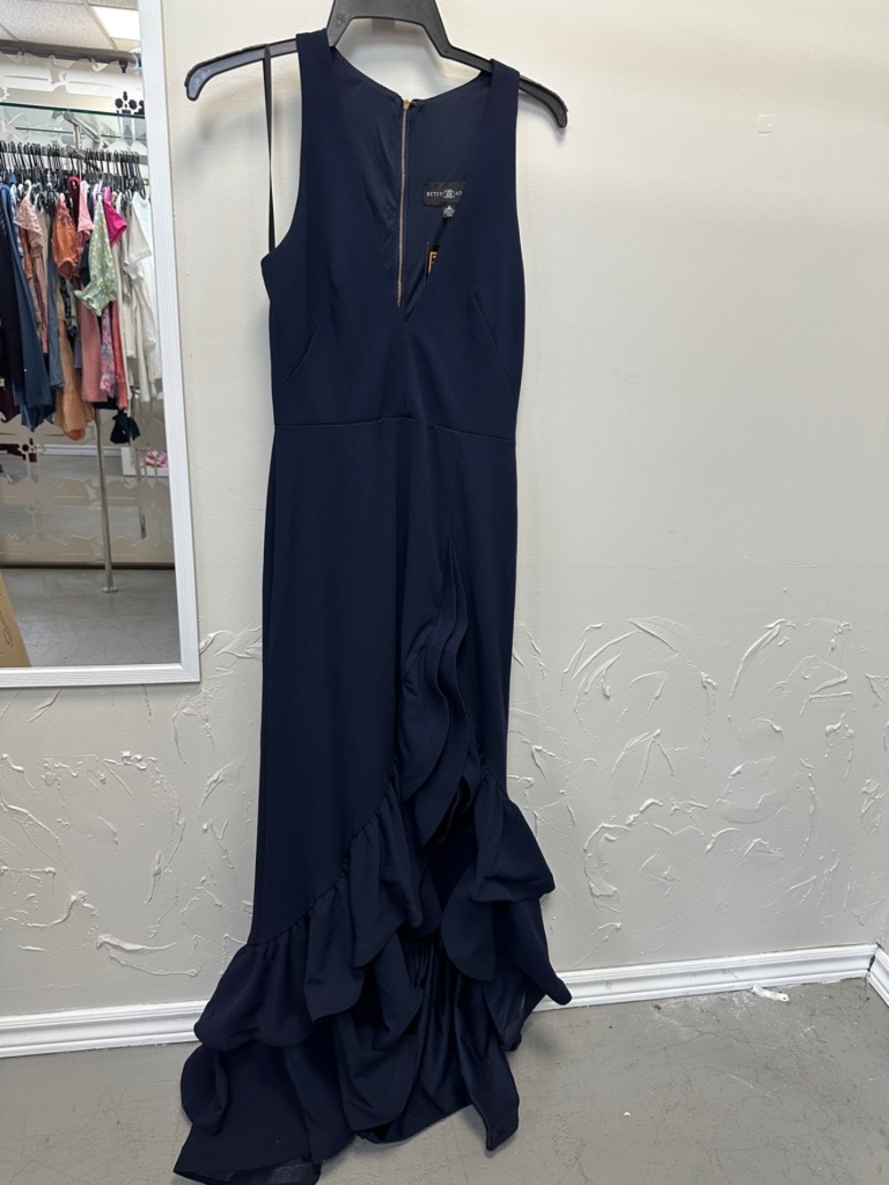 Sleeveless Navy Maxi Dress with Cascading Ruffle Hem